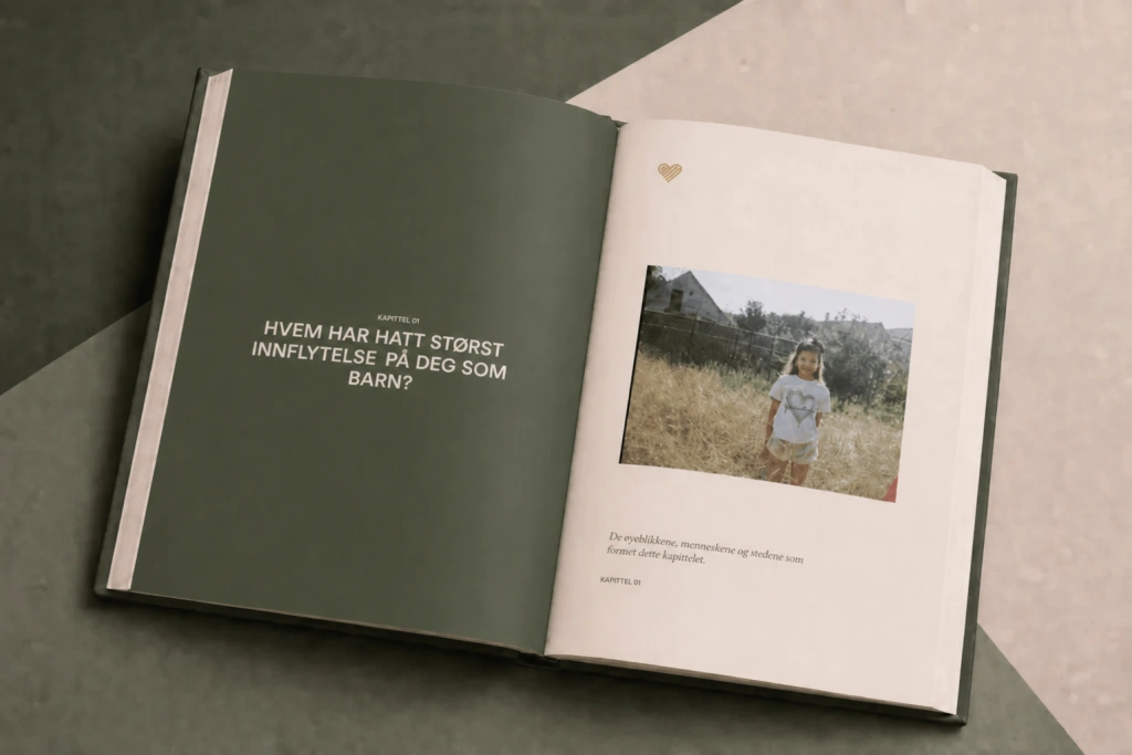 Åpen «Heritage Sage»-StoryKeeper-bok med kapittel 01 og et familiefoto