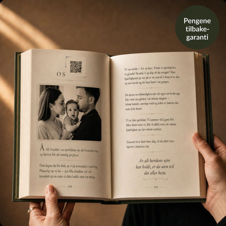 En åpen StoryKeeper-bok med et familiefotografi og en QR-kode som lenker til et opptak.