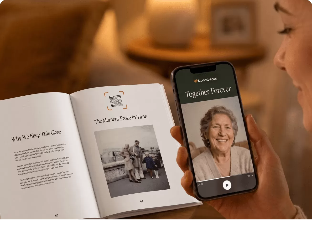 StoryKeeper book and phone capturing a family story