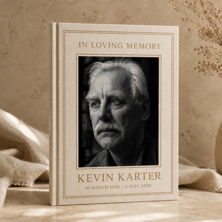 A StoryKeeper memorial book featuring a portrait of an older man.