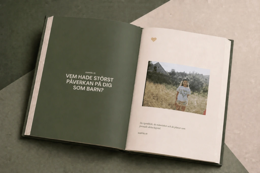 Öppen StoryKeeper-bok ”Heritage Sage” med kapitel 01 och ett familjefoto