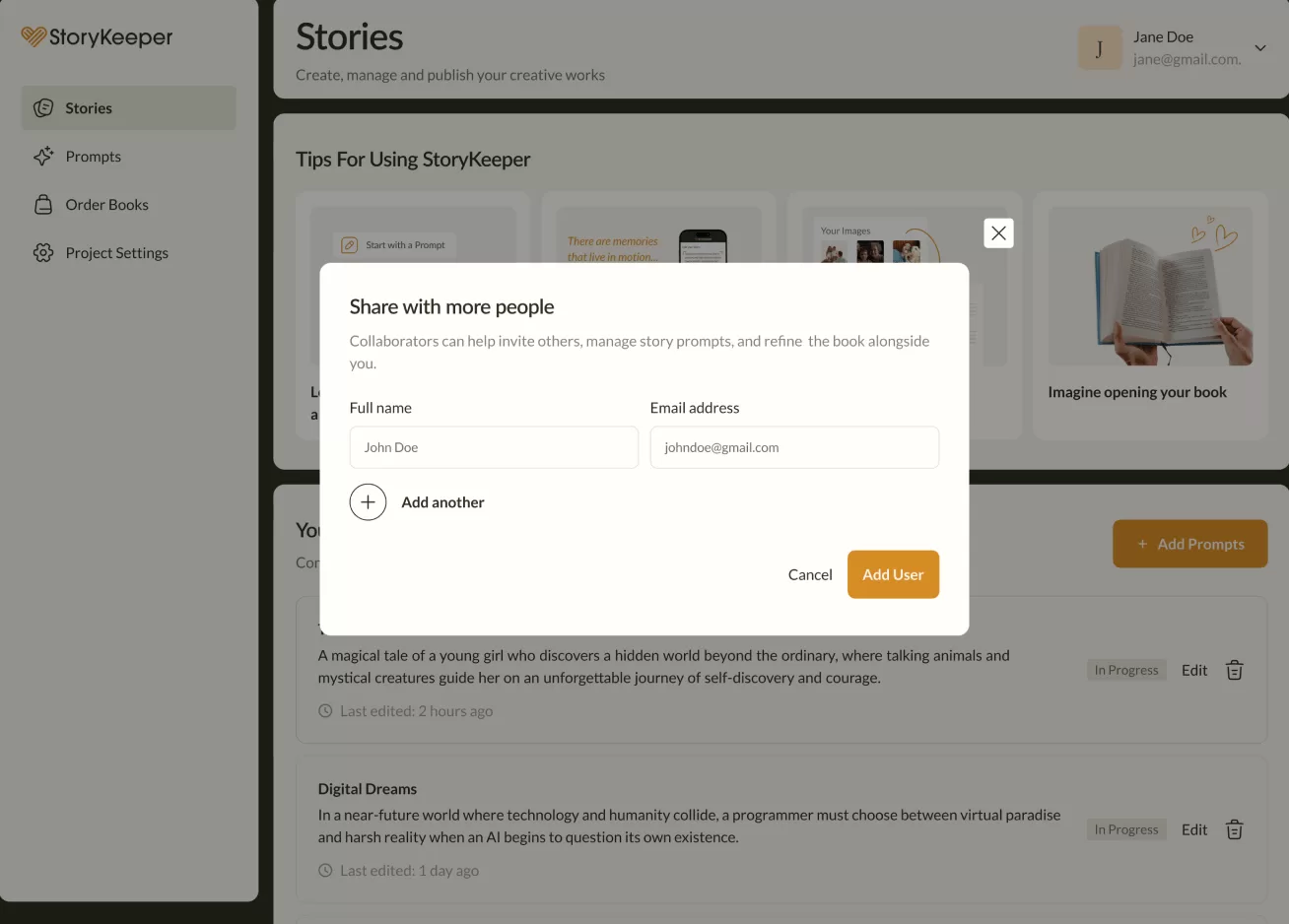 StoryKeeper collaboration invitation screen