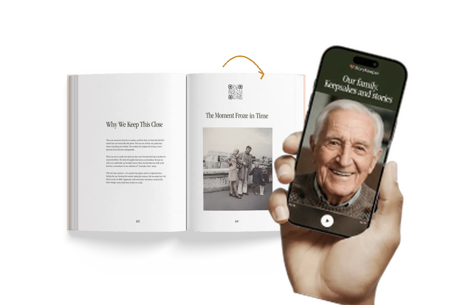 Open StoryKeeper book beside a phone playing a recorded story
