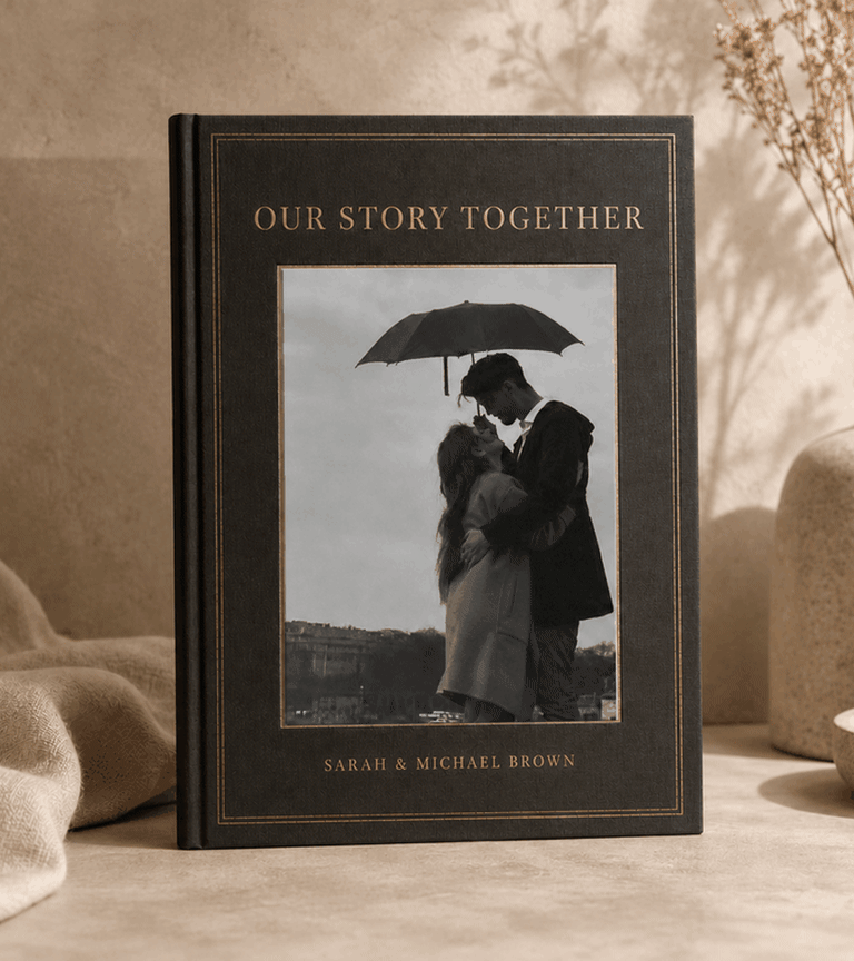 A StoryKeeper collaboration book featuring a couple’s photograph.