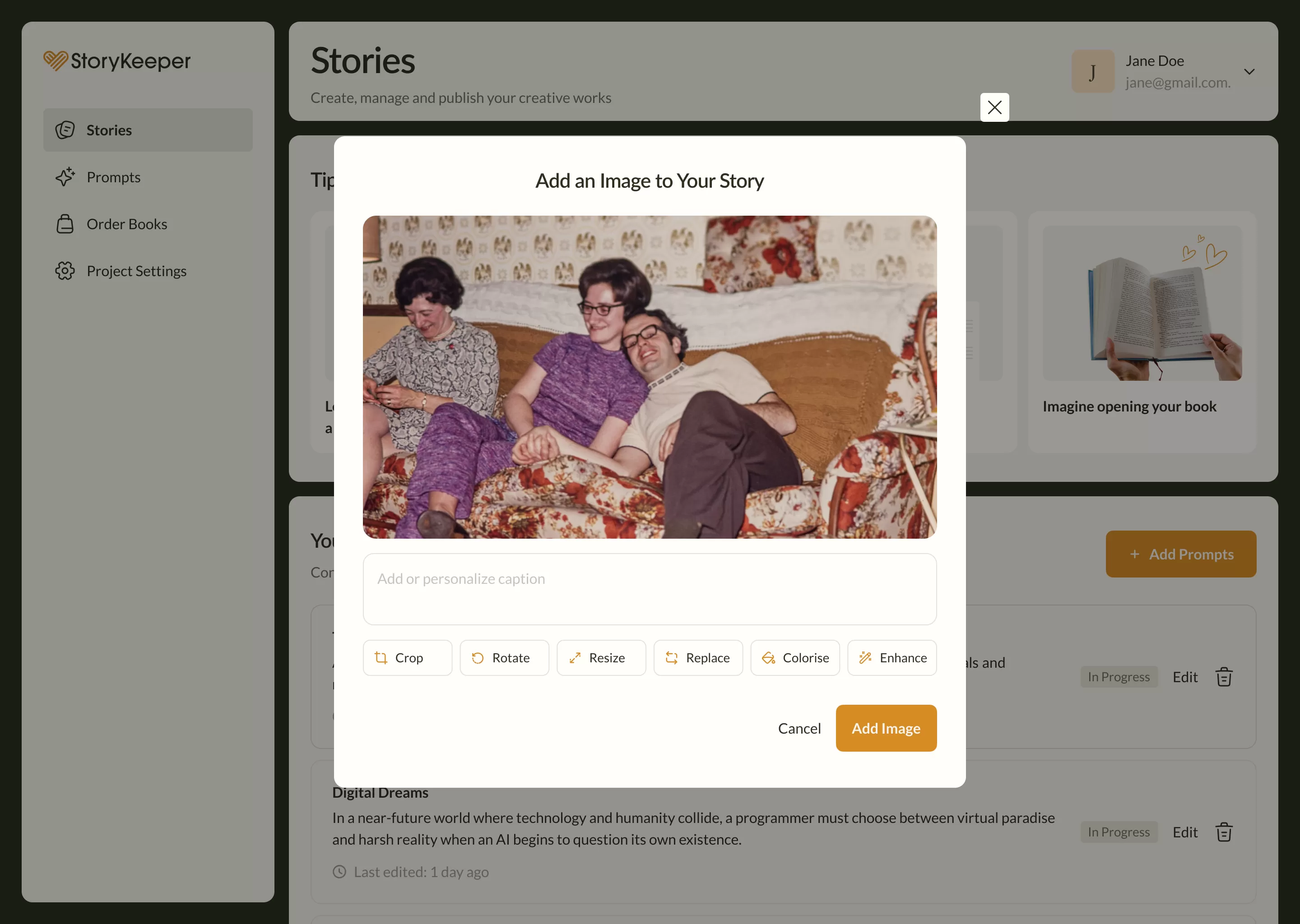 StoryKeeper's image upload screen
