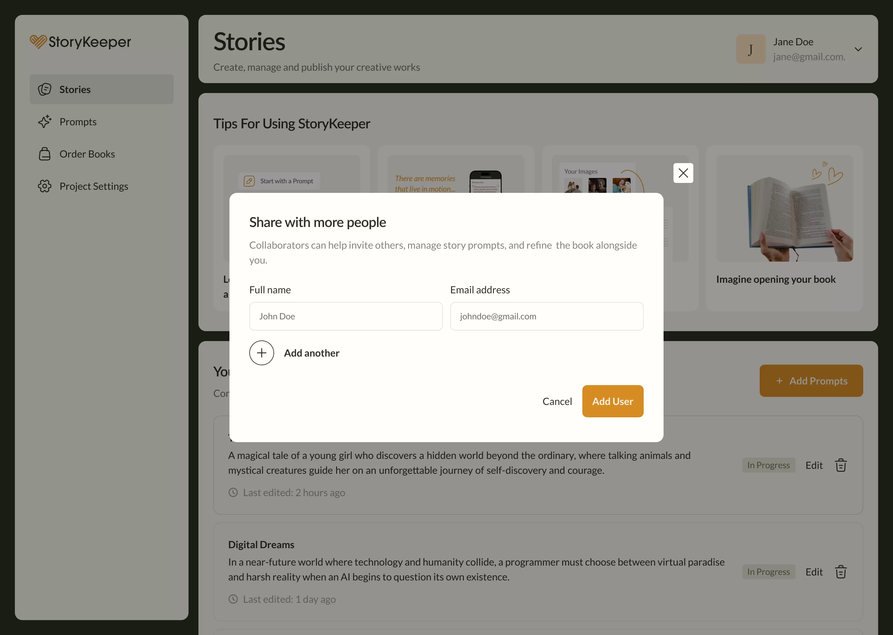 StoryKeeper's collaborator invitation screen