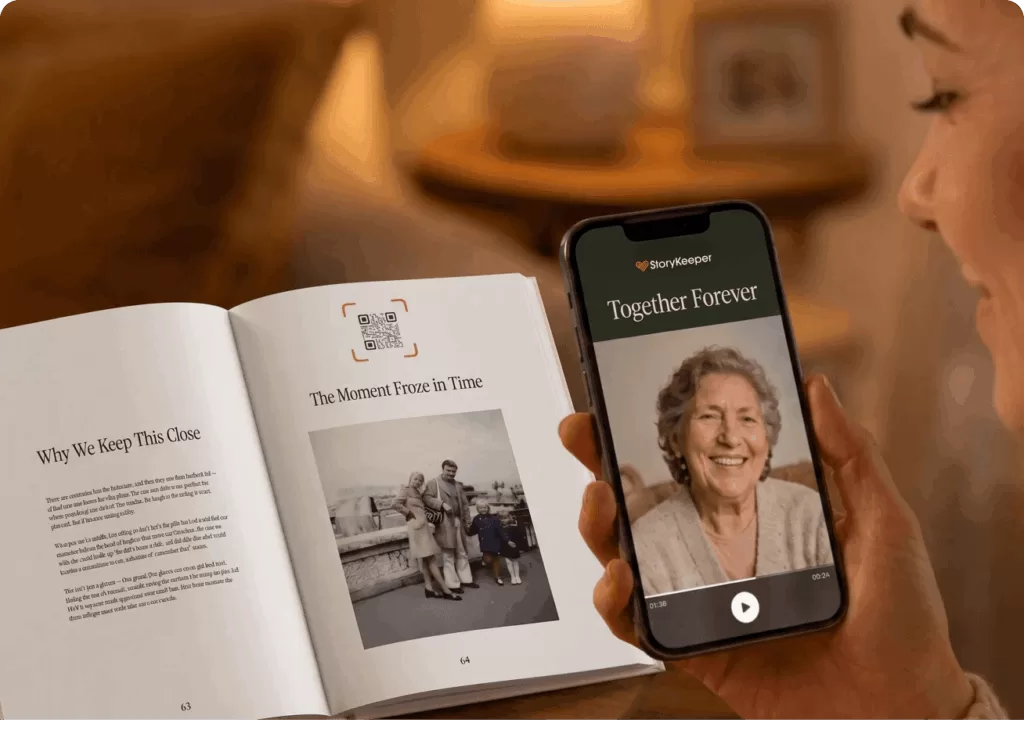 StoryKeeper book and phone capturing a family story