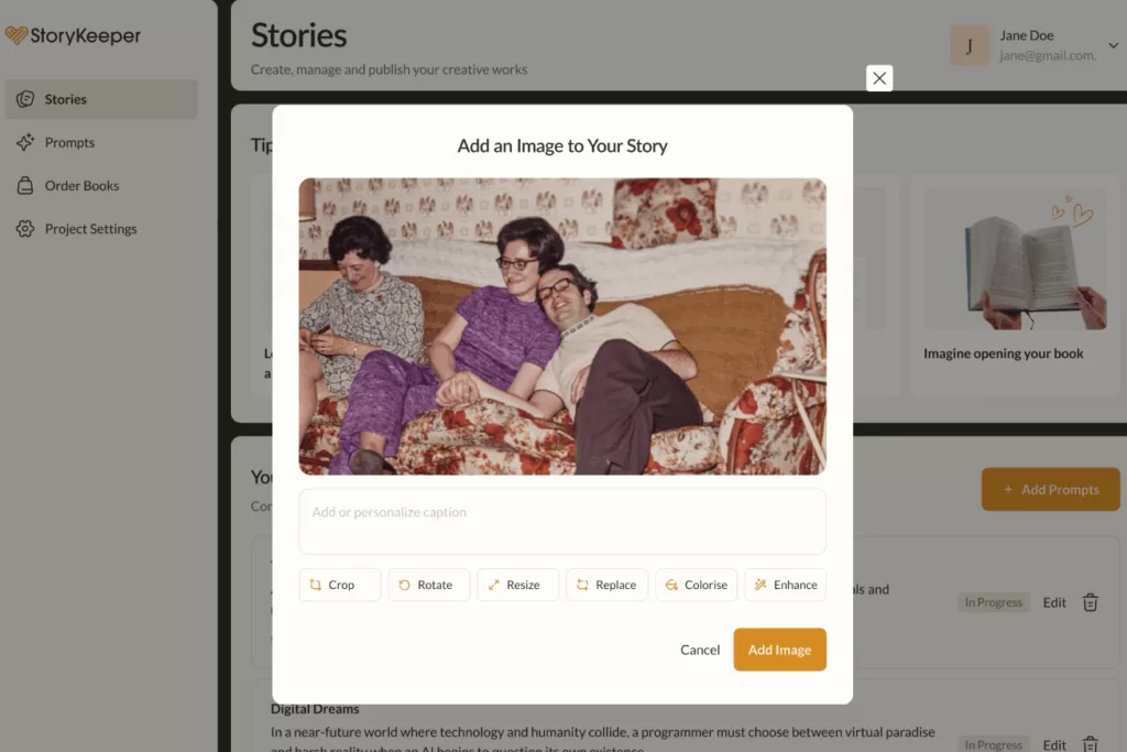 StoryKeeper photograph upload and enhancement screen