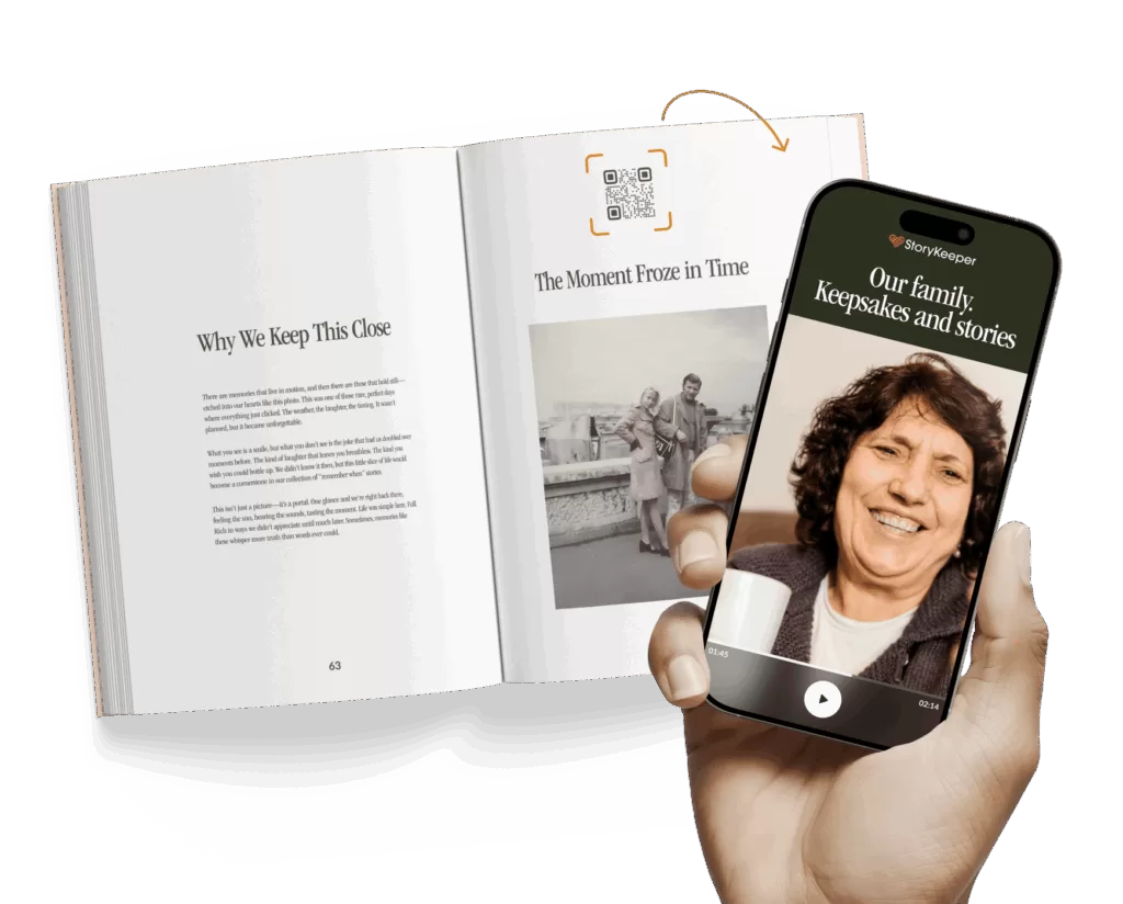 Open StoryKeeper book and phone showing a recorded family story