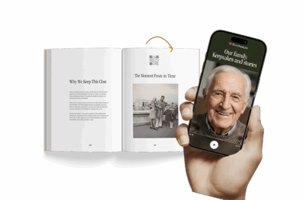 Open StoryKeeper book beside a phone playing a recorded story