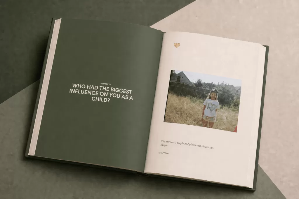 Open Heritage Sage StoryKeeper book showing Chapter 01 and a family photograph