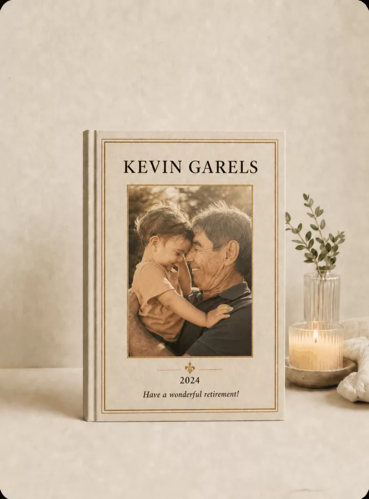 Retirement keepsake book featuring a warm family photo