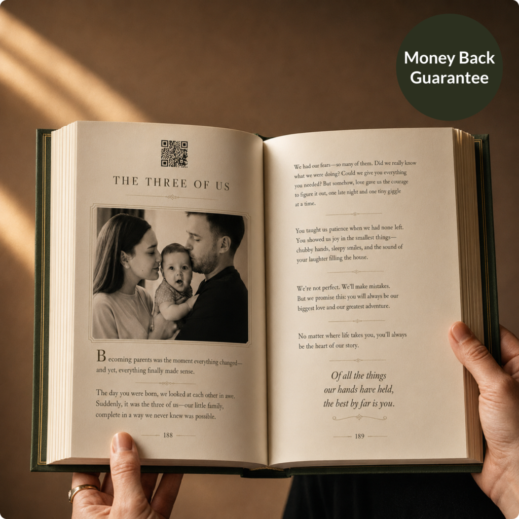 An open StoryKeeper memorial book displaying a family photograph and written tribute.