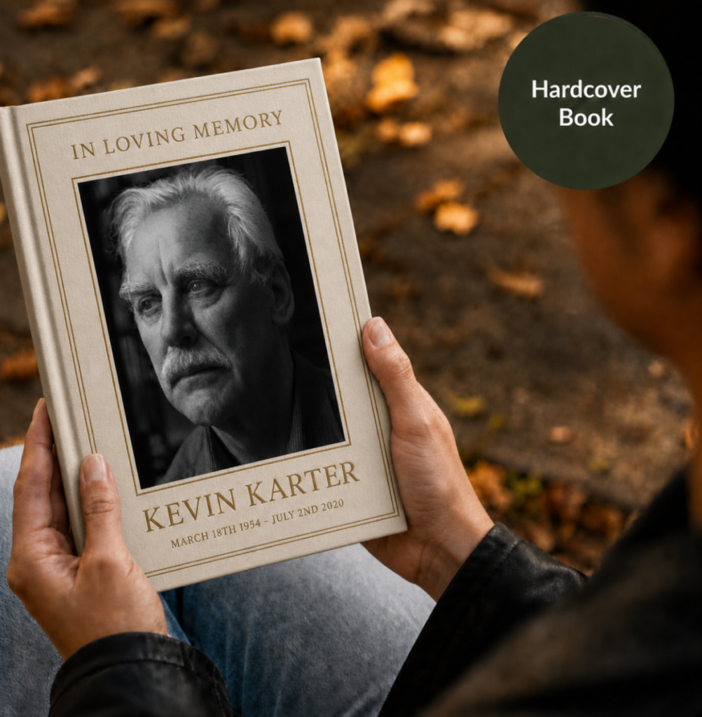 A StoryKeeper memorial book held outdoors.