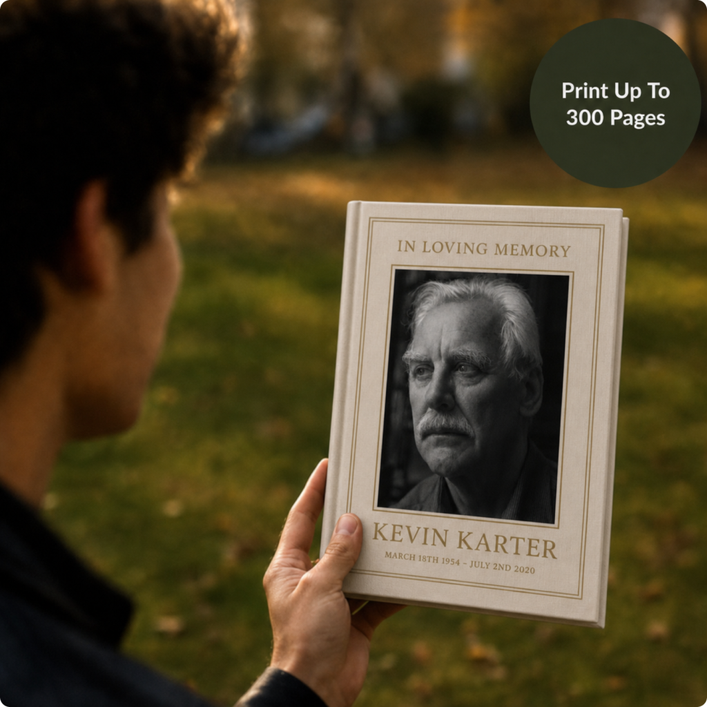 A StoryKeeper memorial book held outdoors.