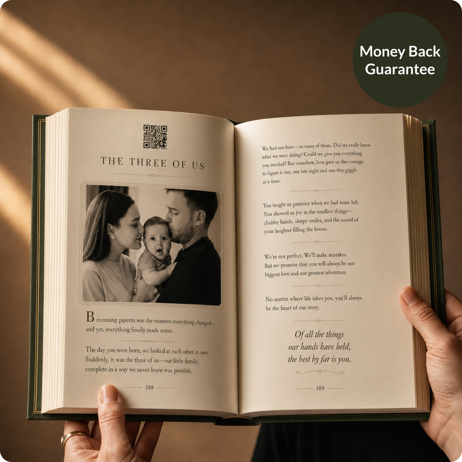 An open StoryKeeper book with a family photograph and a QR code linking to a recording.