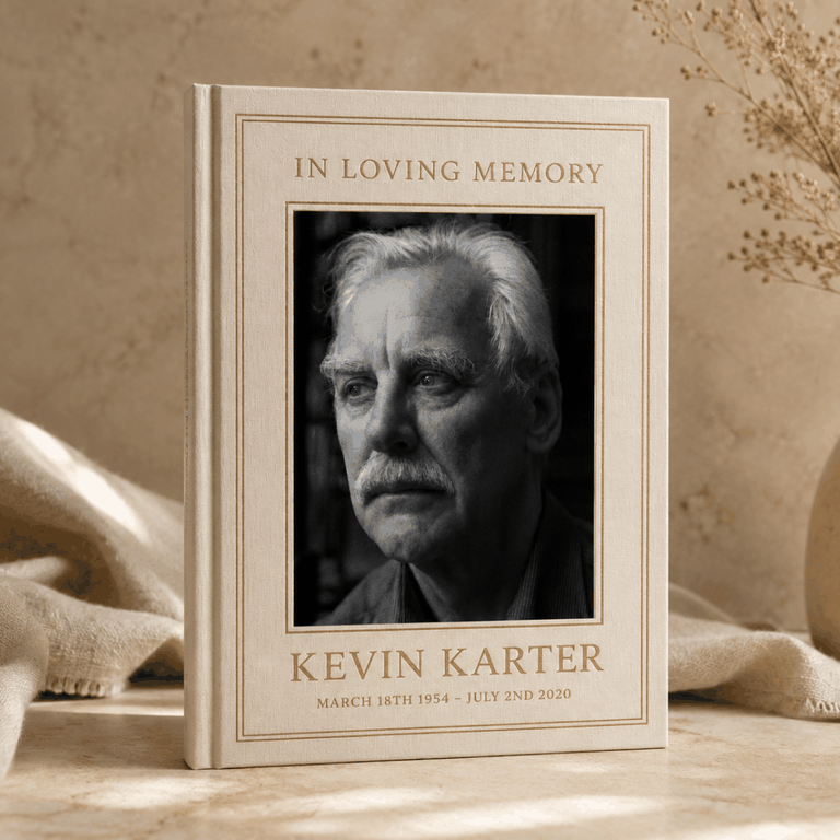 A StoryKeeper memorial book featuring a portrait of an older man.