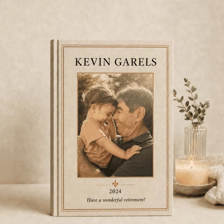 Retirement keepsake book featuring a warm family photo
