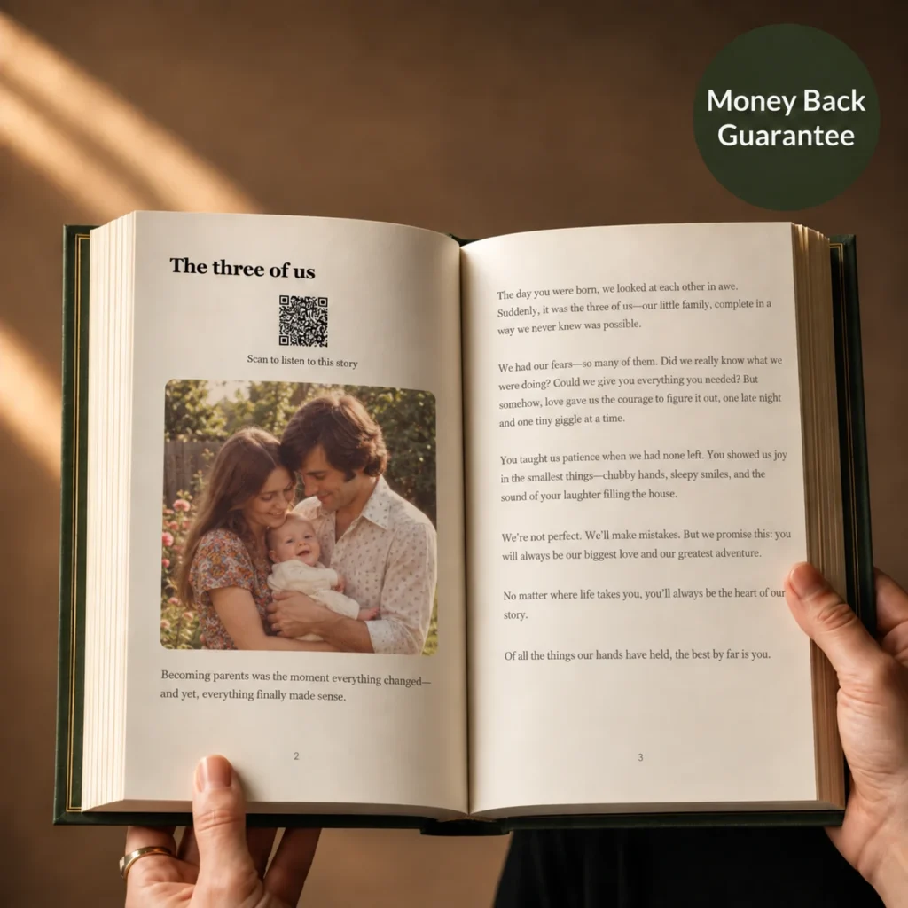 Open StoryKeeper book with a nostalgic family photograph, QR code and Money Back Guarantee badge