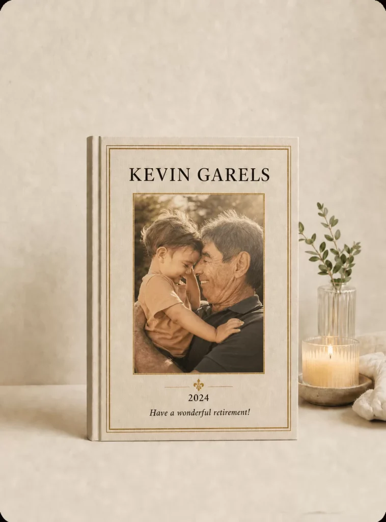 A StoryKeeper retirement book featuring a photograph of an older man and a child.