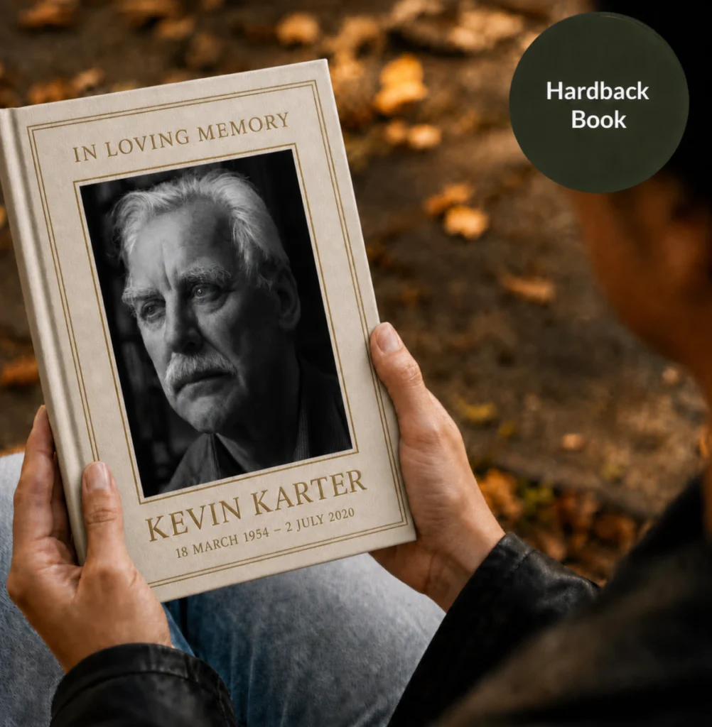 A StoryKeeper memorial book held outdoors.